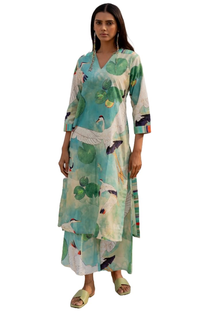 ANNI DESIGNER Womens Cotton Blend Straight Printed Kurta with Palazzo (Swans See Green_M_See Green_Medium)