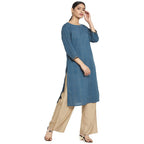 Fabindia Teal Cotton Printed Knee Length Kurta