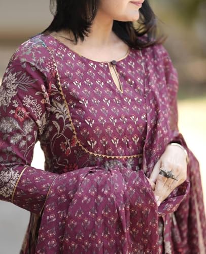 Alvami Women Anarkali Kurta and Pant Set with Dupatta (L) Maroon