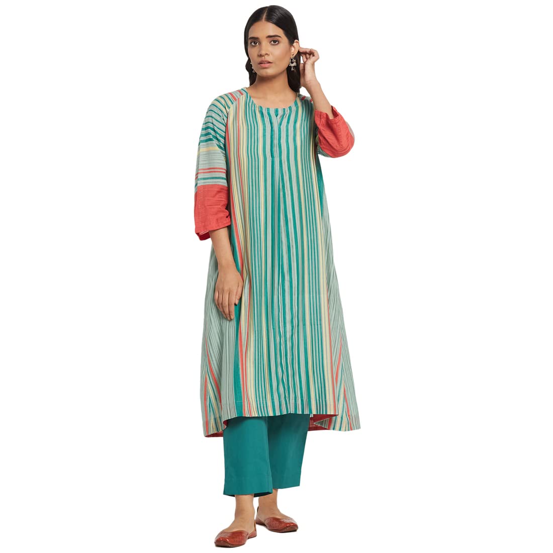 Fabindia Womens Turquoise Cotton Silk Regular Fit Kurta Set