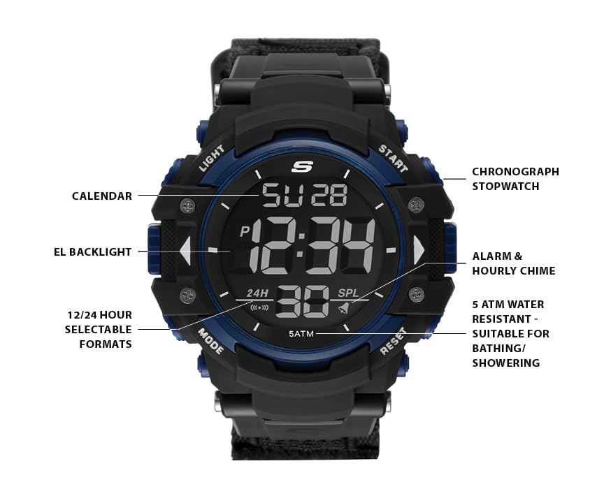 Skechers Men's Keats Digital Chronograph Watch, Color: Black/Blue (Model: SR1035)