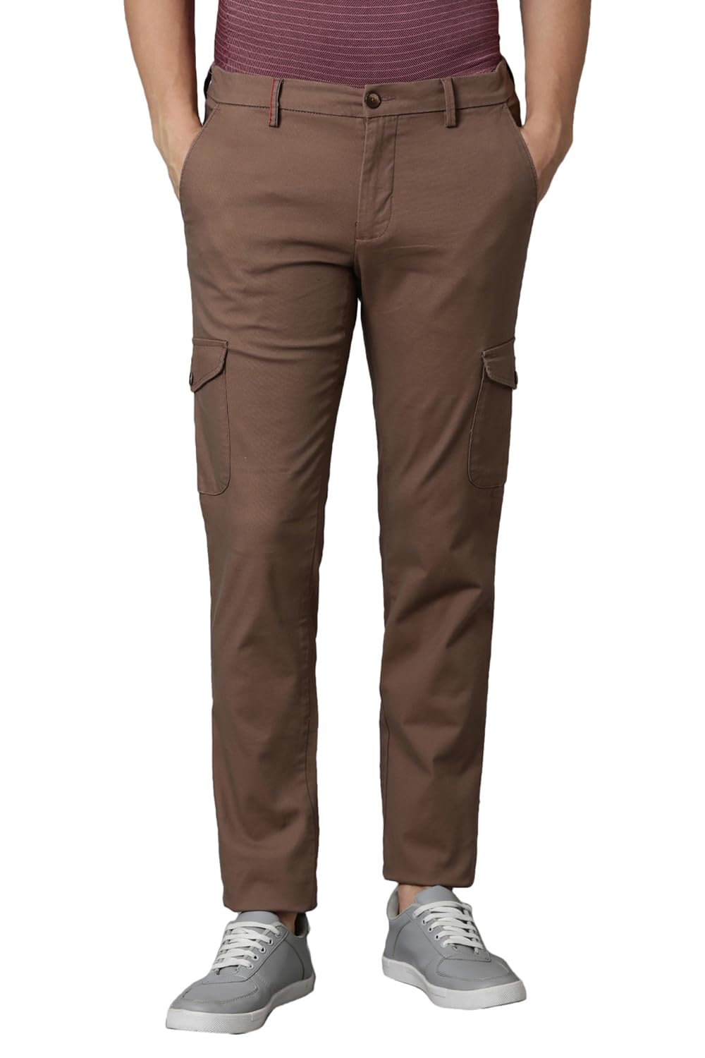 Men Brown Slim Tapered Fit Solid Flat Front Casual Cargos