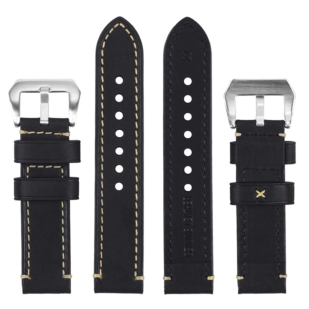 EACHE Black Leather Watch Band, Crazy Horse Genuine Leather Watchbands 22mm Watch Bands,Silver Hardware