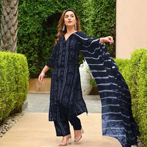 ANNI DESIGNER Womens Rayon Blend Straight Bandhej Printed Kurta with Pant & Dupatta (Baghira Grey-VKS01_S_Grey_Small)
