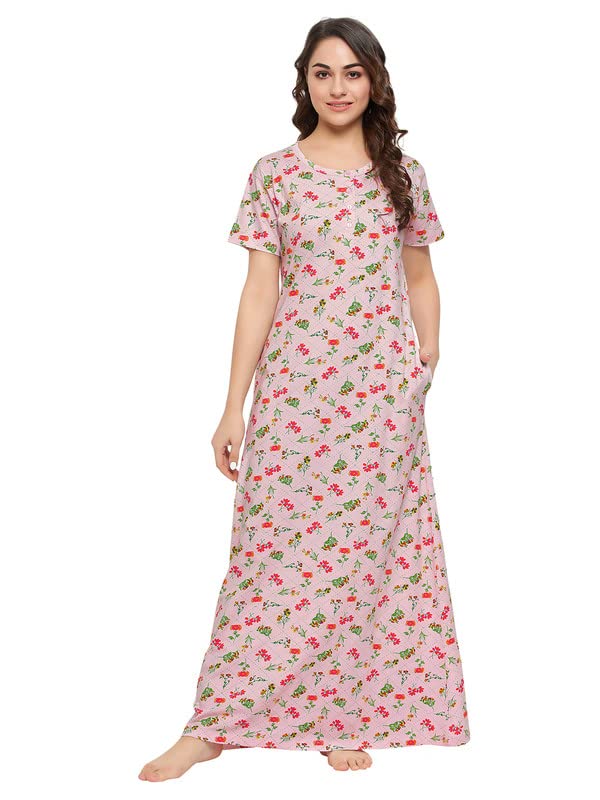 Clovia Womens Cotton Pretty Florals Long Nighty (NS1511P22_Pink_S)