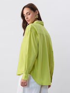 The Souled Store Solids: Moss Green Women Oversized Fit Full Sleeves Cotton Linen Boyfriend Shirts Casual Button-Down Half Sleev