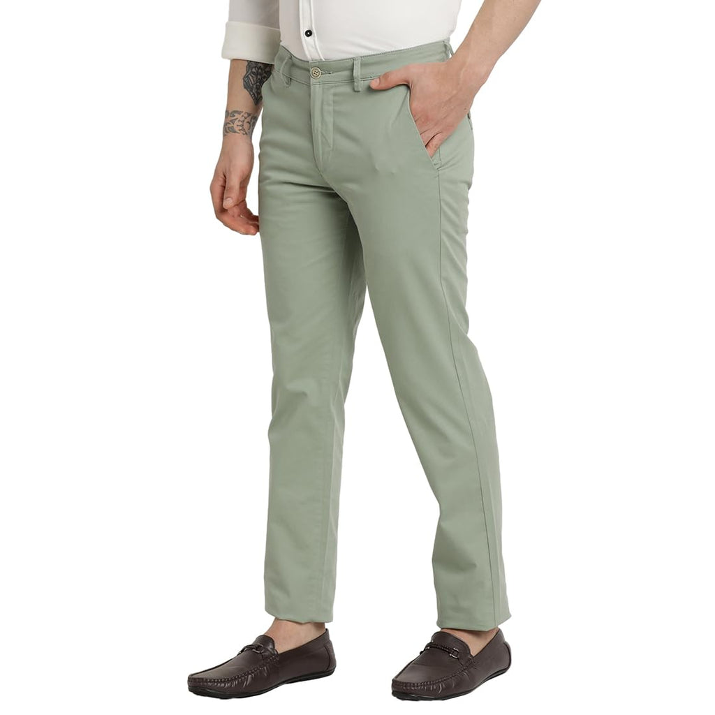 Turtle Men Cotton Stretch Pista Green Solid Ultra Slim Fit Casual Trouser