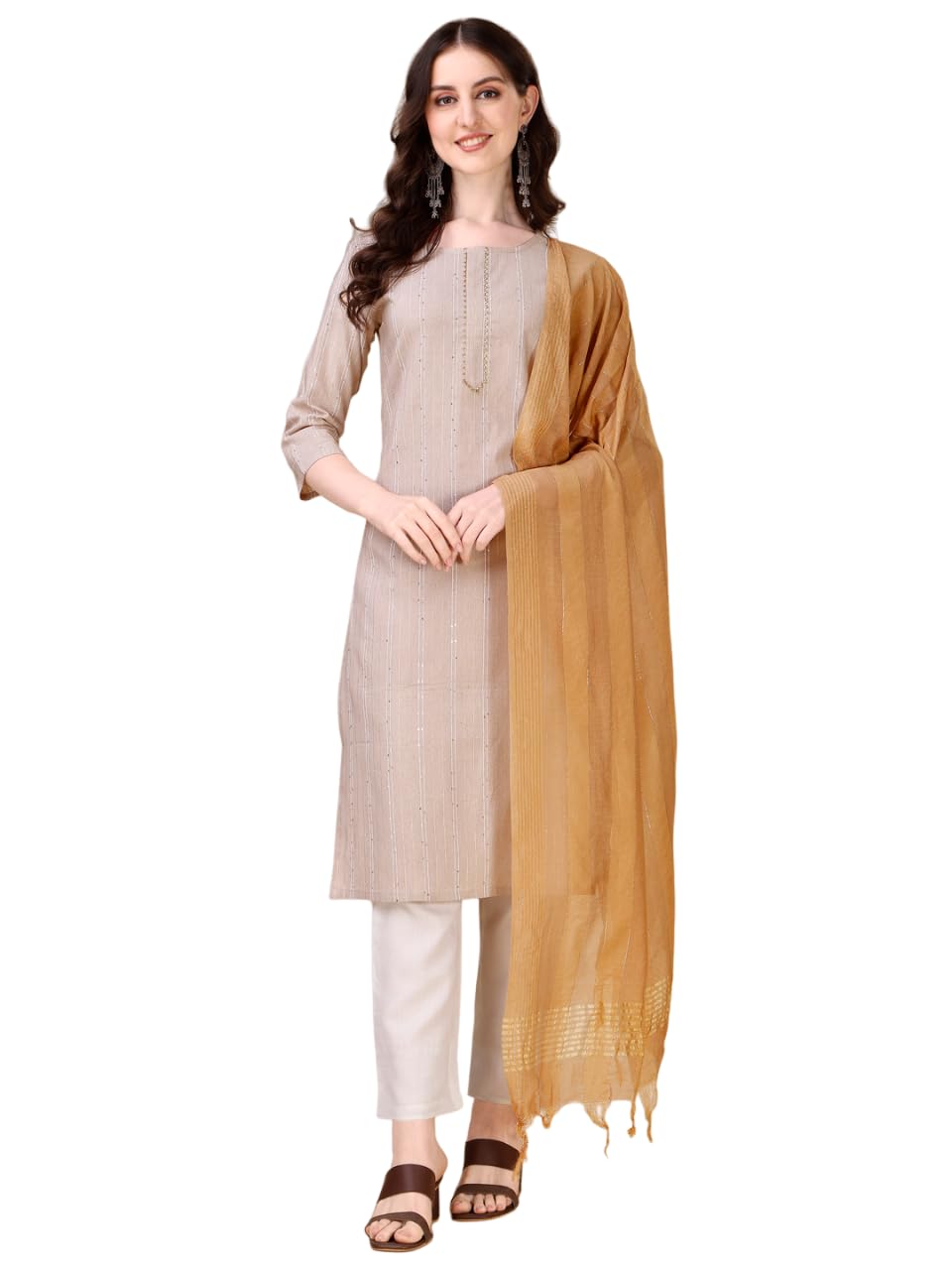 Fashion Basket Women Cotton Printed Kurta And Pant Set With Dupatta (X-Large, Beige)