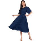 Kuduzo WomenS Crepe Midi Dress With Plated Style Round Neck Half Ruffle Sleeves Below Knee Length Solid Pattern And Regular Fit
