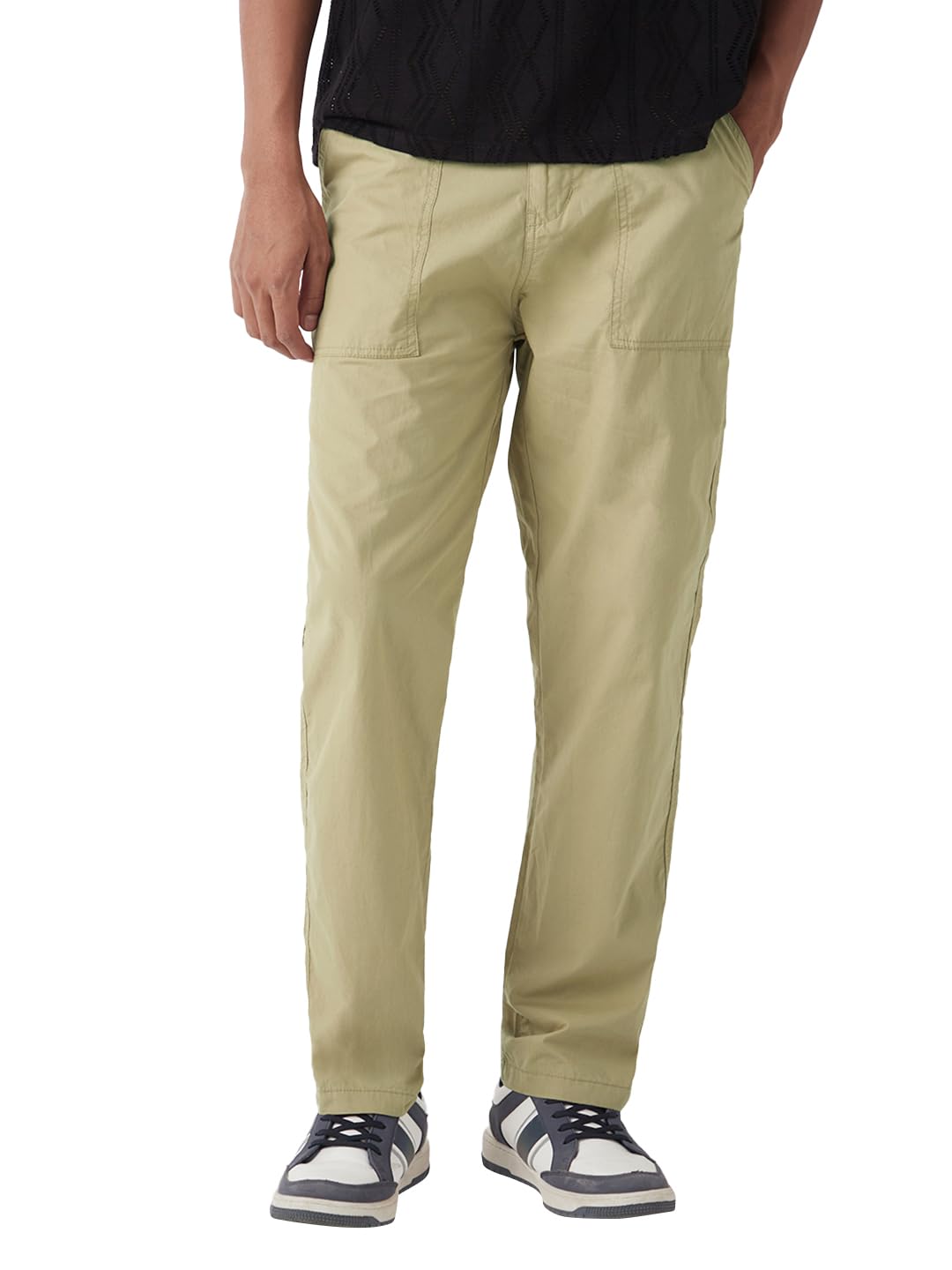 Bewakoof Mens Solid Regular Fit Poplin Pants_648621_Beige_28