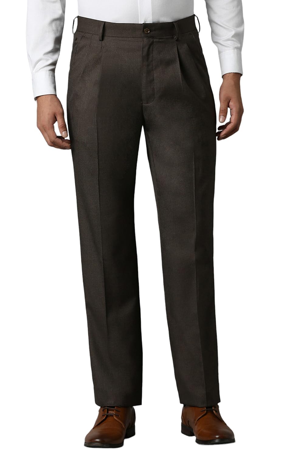 Louis Philippe Men Brown Classic Fit Textured Pleated Formal Trousers