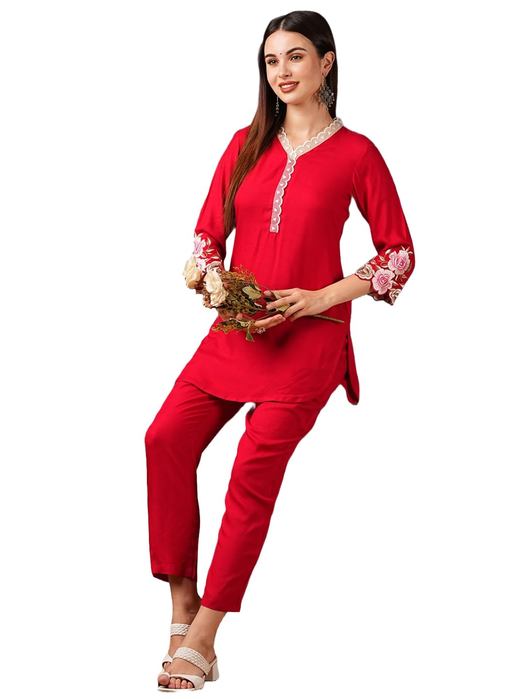 ANNI DESIGNER Womens Cotton Blend Embroidered Ethnic Co-ord Set (Anjeer Red_XL_Red_X-Large)