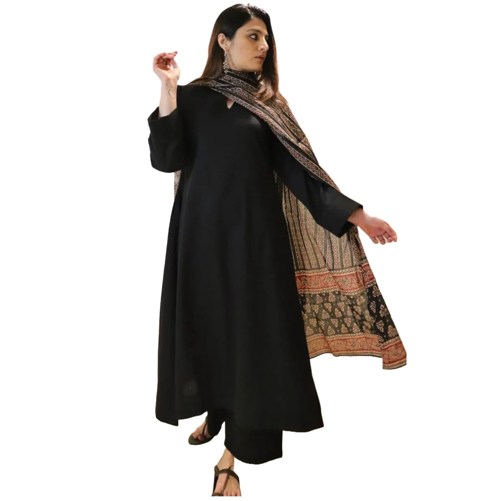 ANNI DESIGNER Womens Rayon Viscose Anarkali Solid Kurta with Pant & Dupatta (Avantika Black-VKS01_S_Black_Small)