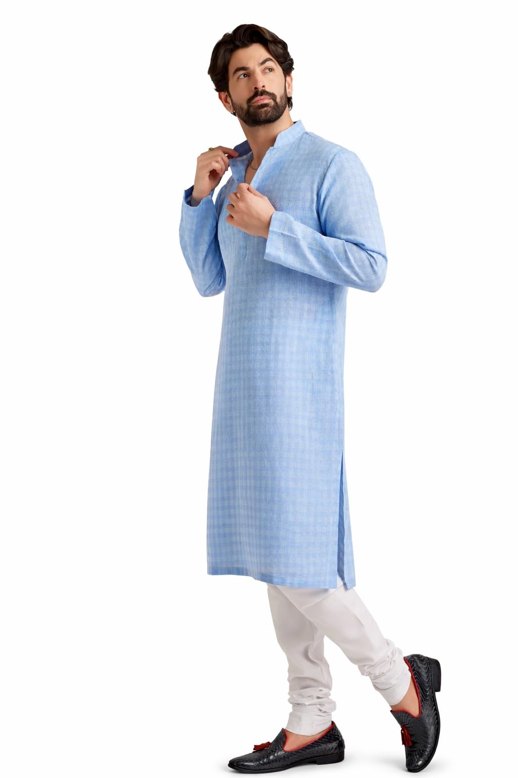 SOJANYA (Since 1958 Mens Cotton Blend Blue checked kurta and White Churidar Pyjama Set