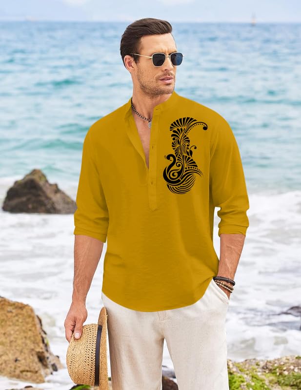 Finivo Fashion MenS Printed Cotton Blend Short Kurta With Artistic Chest Design | Stylish Full Sleeve Casual Kurta With Mandarin