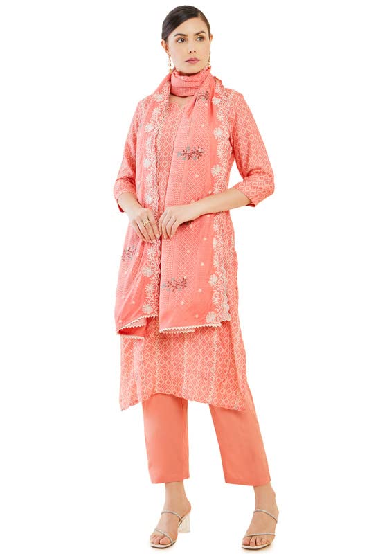 Soch Women Geometric Printed Muslin Suit Set with Floral Embroidery