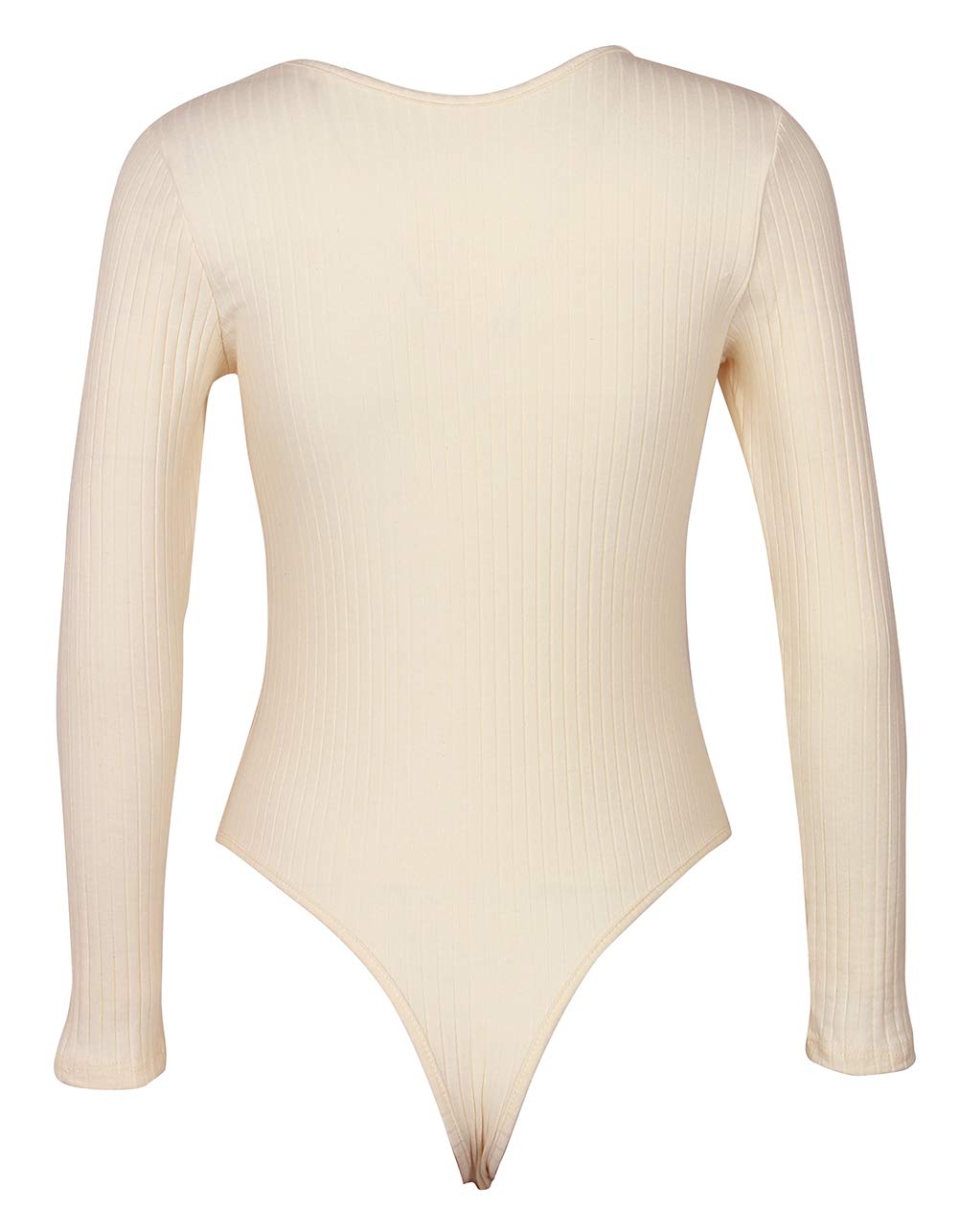 GEMBERA Women's Deep V Neck Long Sleeve Bodysuit Ribbed Knit Bodycon Thong Bodysuit Tops White Cream M