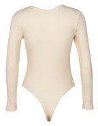 GEMBERA Women's Deep V Neck Long Sleeve Bodysuit Ribbed Knit Bodycon Thong Bodysuit Tops White Cream S