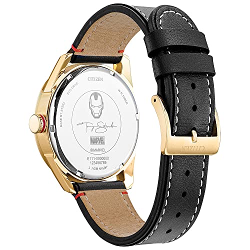 Citizen Eco-Drive Men's Marvel Tony Stark Gold Tone Stainless Steel Watch with Black Leather Strap, Arc Reactor, Luminous, 43mm