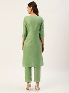 Anubhutee Women'S Cotton Blend Olive Green Mirror Work Ethnic Motifs Embroidered Straight Kurta Suit Set With Pants