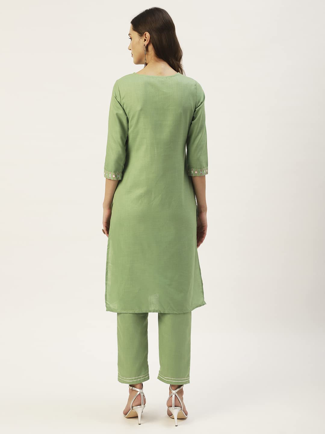 Anubhutee Women'S Cotton Blend Olive Green Mirror Work Ethnic Motifs Embroidered Straight Kurta Suit Set With Pants