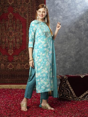 ANNI DESIGNER Womens Cotton Blend Printed Straight Kurta with Pant & Dupatta (Bhadrusha See Green_S_See Green_Small)