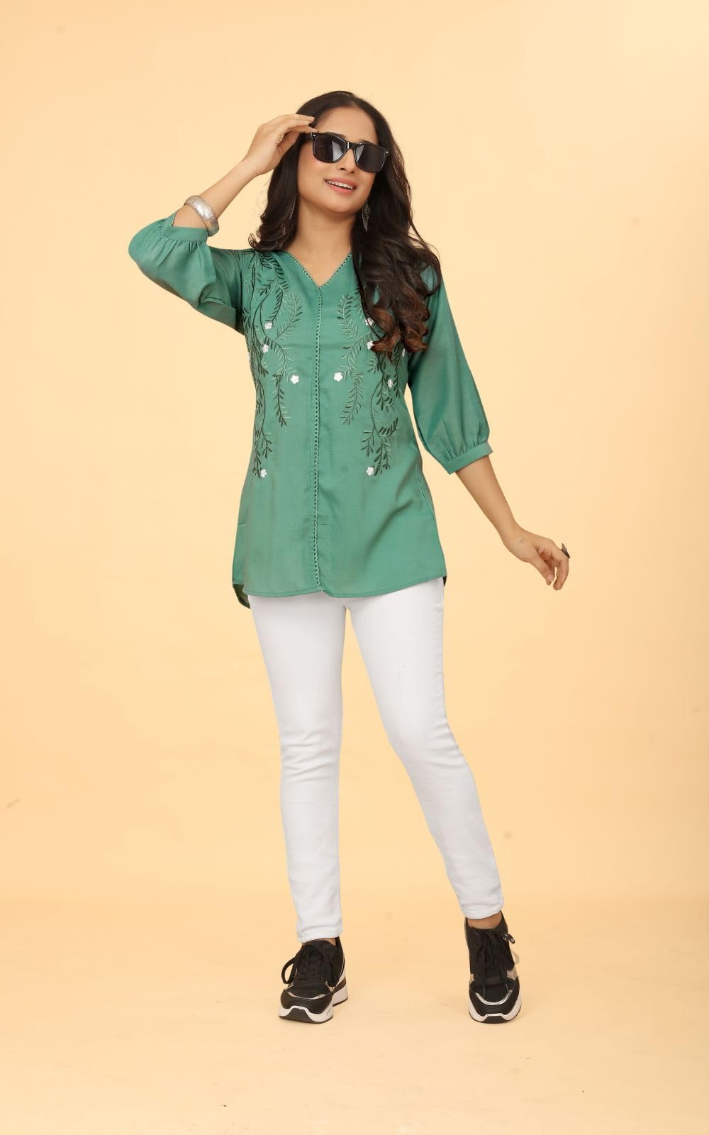 Kesudi WomenS Embroidered Regular Fit Tunic Shirt With Collar Neck - Full Sleeves - Elegant Button-Down Shirt For Office, Casua