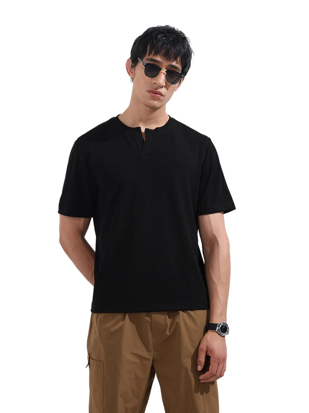 The Indian Garage Co Mens Boxy Textured Half Sleeves V Neck T-Shirt