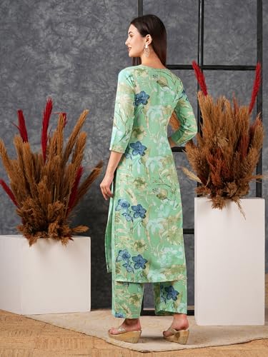 ANNI DESIGNER Womens Cotton Blend Straight Printed Straight Fit Kurta With Palazzo (Chinki Pista_L_Pista_Large)