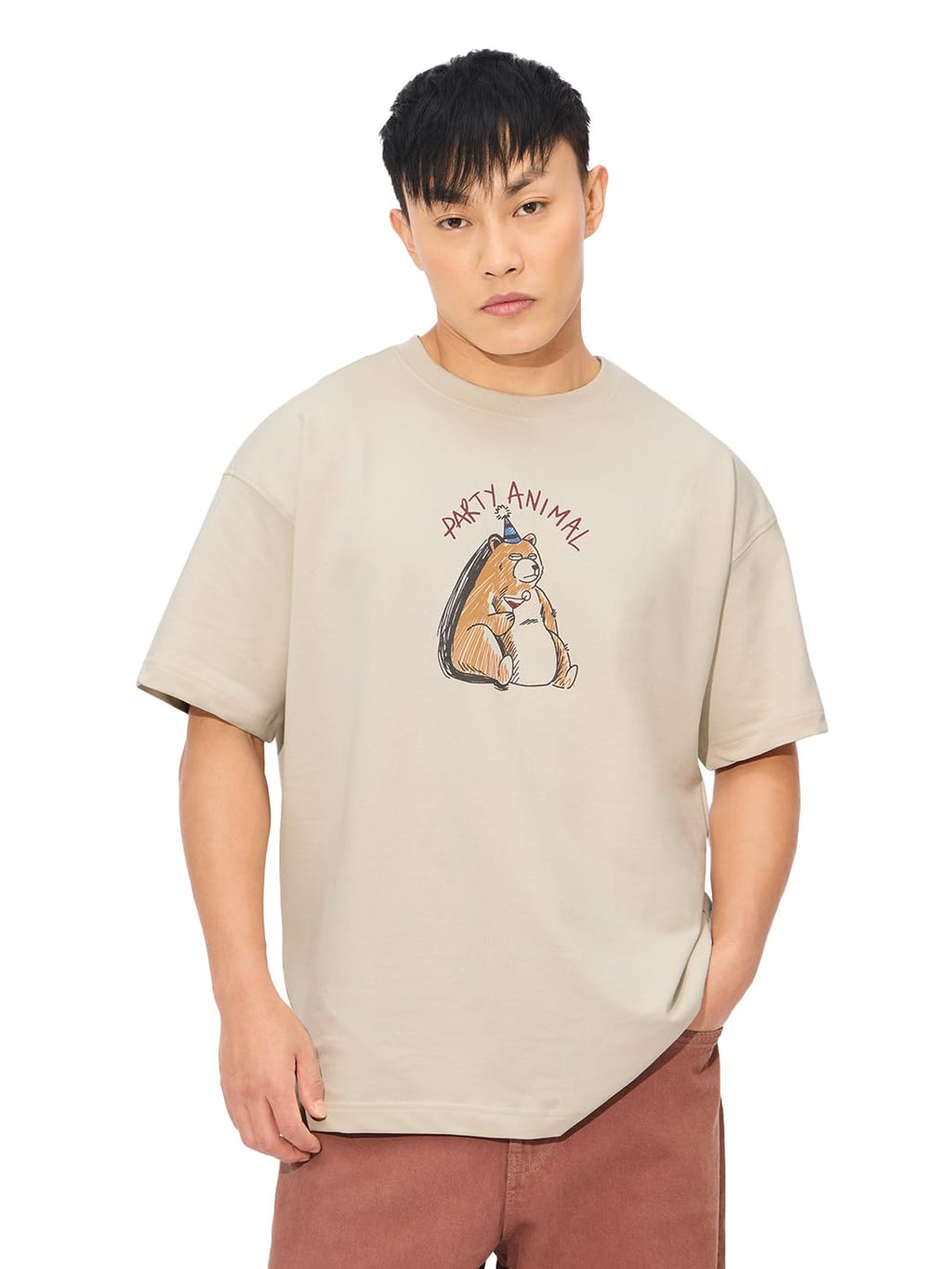 The Souled Store Party Animal Men and Boys Short Sleeves Round Neck Brown Graphic Printed Cotton Oversized T-Shirts
