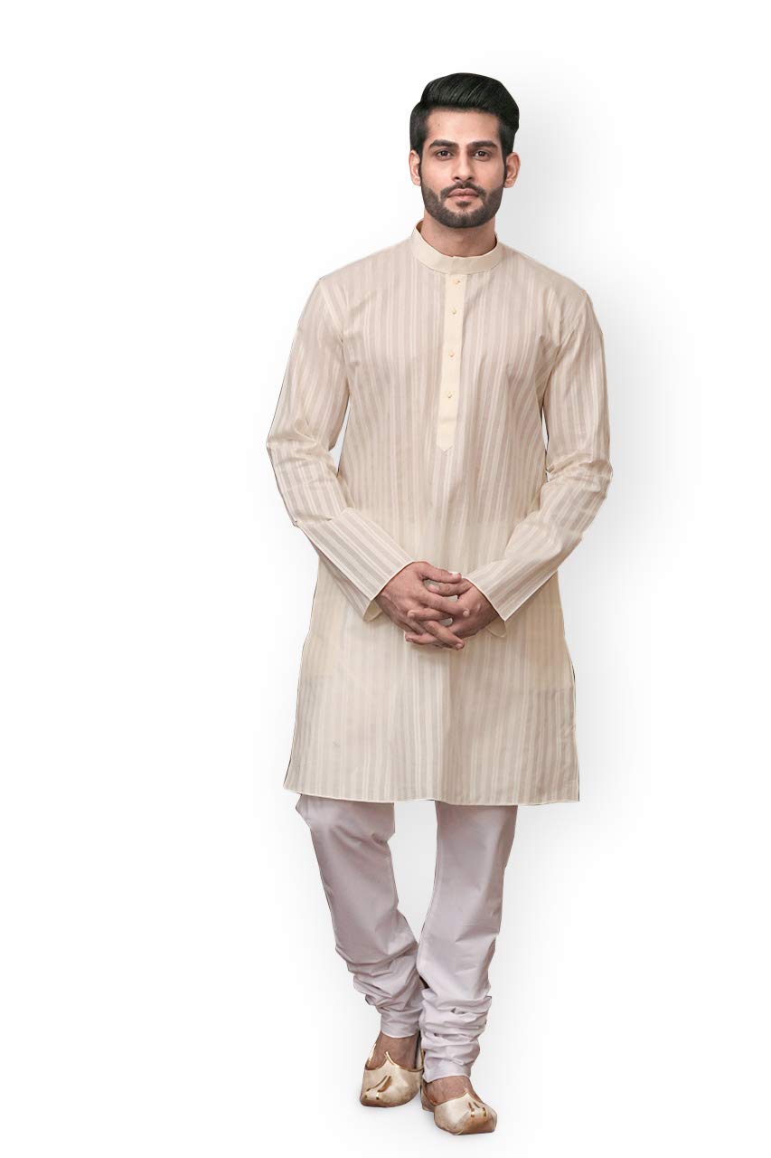 Manyavar MenS Cotton Blend Regular Kurta Cream