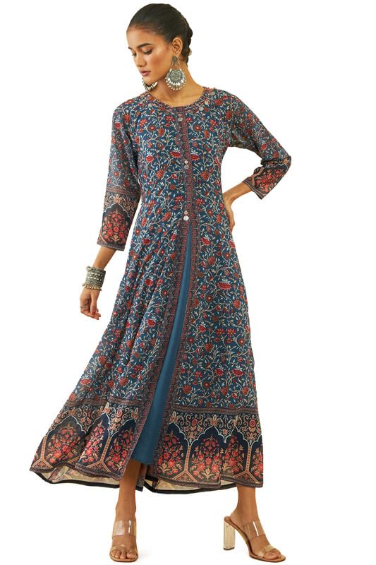 Soch Women Georgette Floral Print Ankle-Length Flared Dress with Long Inner