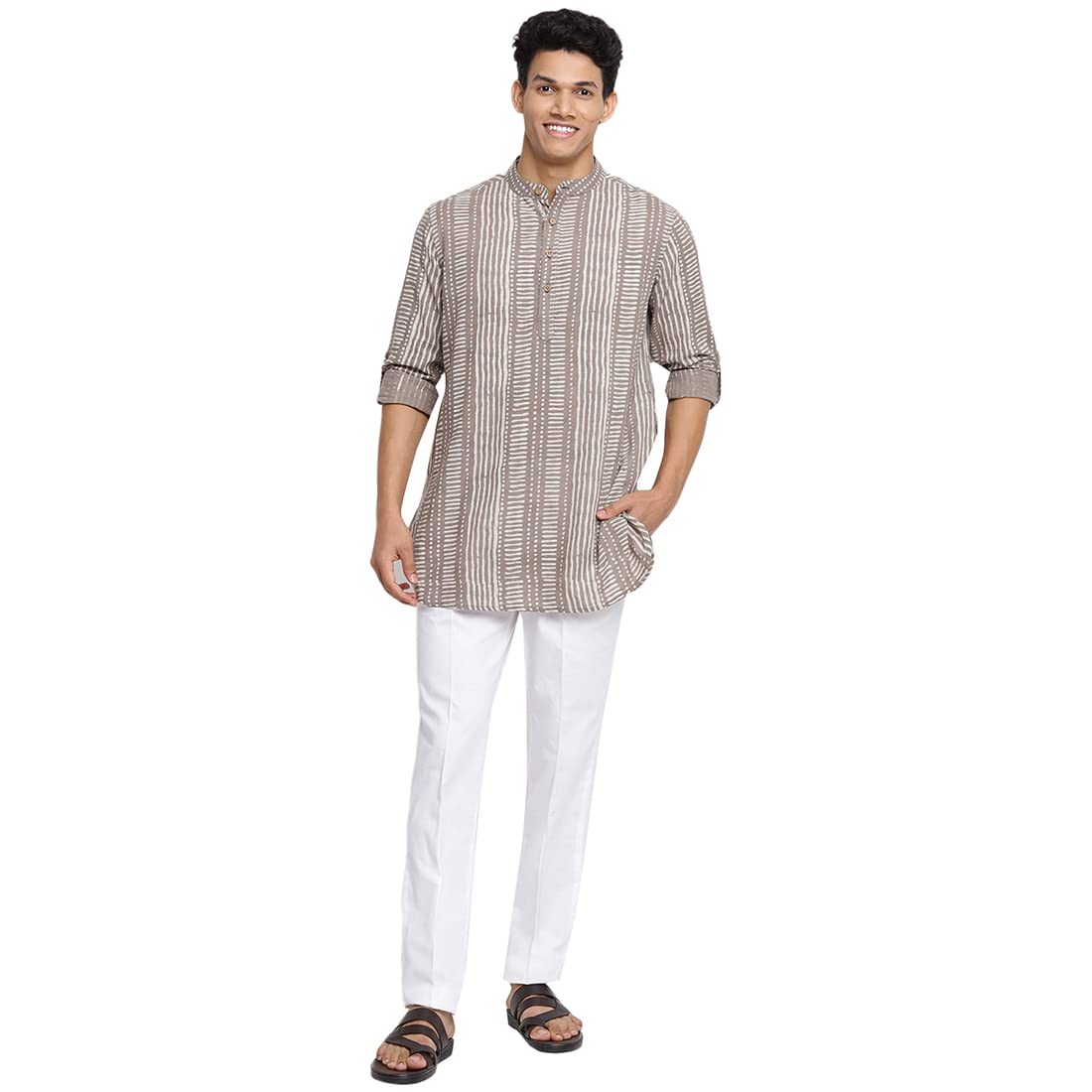 Fabindia Men Cotton Printed Slim Fit 2Pc Set Beige_M