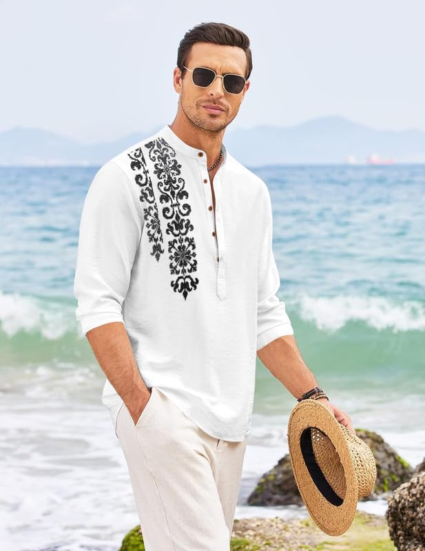 ROYALSCOUT Mens Regular Fit Stylish Embroidered Design Cotton Blend Full Sleeve Short Straight Kurta Shirt White