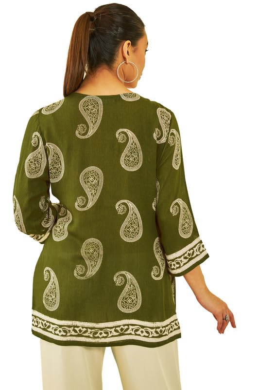 Soch Womens Green Crepe Paisley Printed Ethnic Tunic with Tie-Ups Tassels