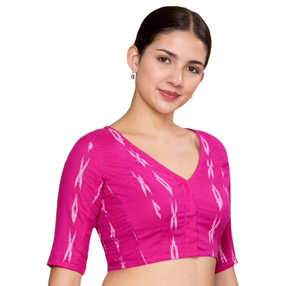 Studio Shringaar WomenS Cotton Ikat Stretchable (Smocked) Readymade Saree Blouse(Pink, 34) 34