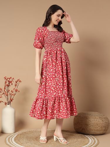 Kzully | Colorful Floral Print Midi Dress | Smocking And Elastic Comfort | Stylish Woman Wearing A Pretty Printed Flower | Trend
