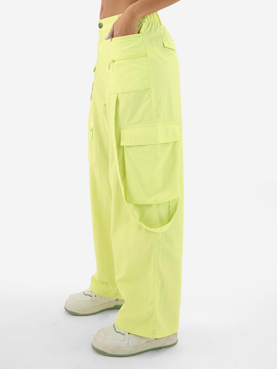 The Souled Store Lime Women & Girls Buttoned Solid Nylon Loose Fit Parachute Pants