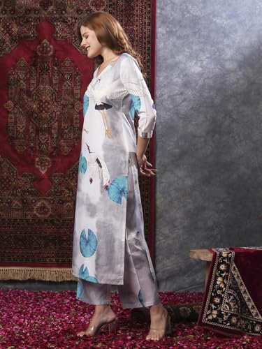 ANNI DESIGNER Womens Cotton Blend Straight Printed Kurta with Palazzo (Swans Grey_XL_Grey_X-Large)