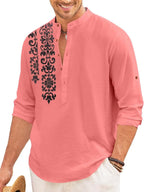 ROYALSCOUT Mens Regular Fit Stylish Embroidered Design Cotton Blend Full Sleeve Short Straight Kurta Shirt Peach