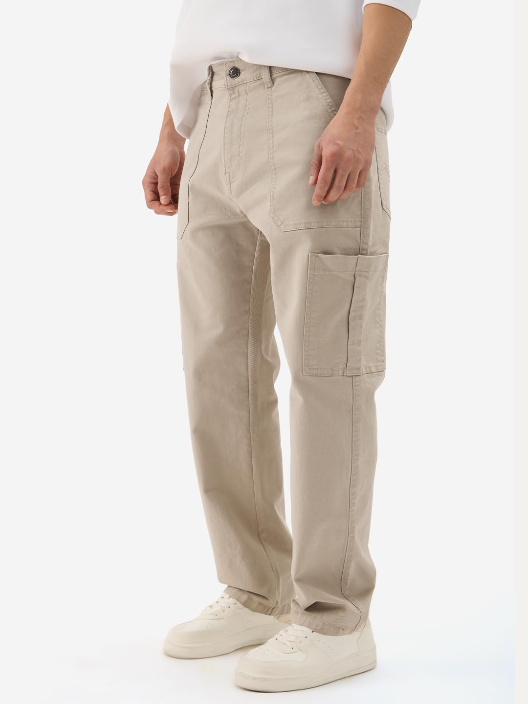 The Souled Store Solids: Light Beige Men and Boys Cotton Blend Straight Fit Cargo Jeans Jeans for Men Regular Fit Mens Trousers