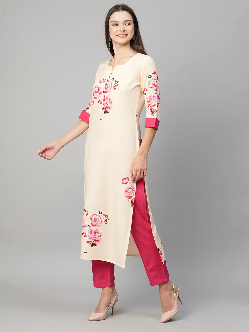 ANNI DESIGNER Womens Cotton Blend Printed Straight Kurta with Pant (Tissa Cream-STN_L_Cream_Large)