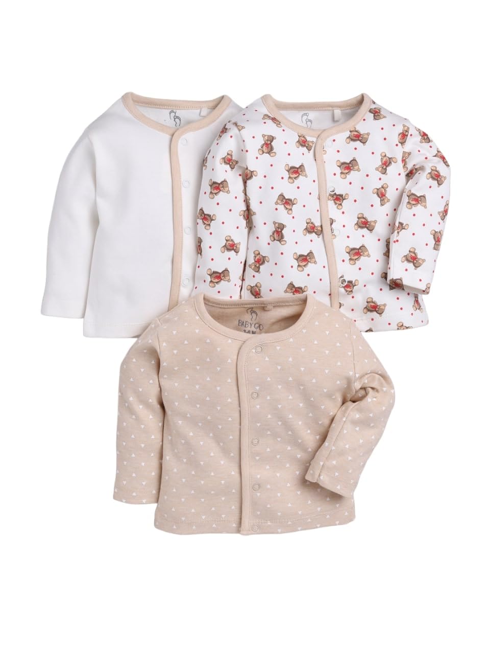 Baby Go Full Sleeve Regular Round Neck Front Open Pack Of 3 Tees For Baby Boys (9-12 Months, Beige & White)