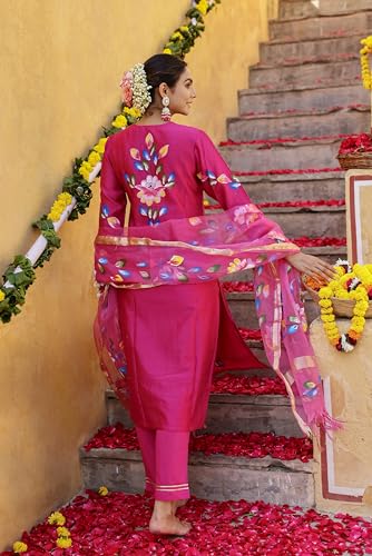 ANNI DESIGNER Womens Rayon Blend Printed Straight Kurta with Pant & Dupatta (Sanskrit Rani_XL_Pink_X-Large)