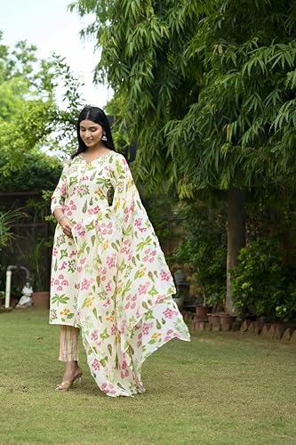 ANNI DESIGNER Womens Rayon Blend Straight Printed Kurta with Pant & Dupatta (Kumud Cream-VKS03_M_Cream_Medium)