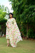 ANNI DESIGNER Womens Rayon Blend Straight Printed Kurta with Pant & Dupatta (Kumud Cream-VKS03_M_Cream_Medium)