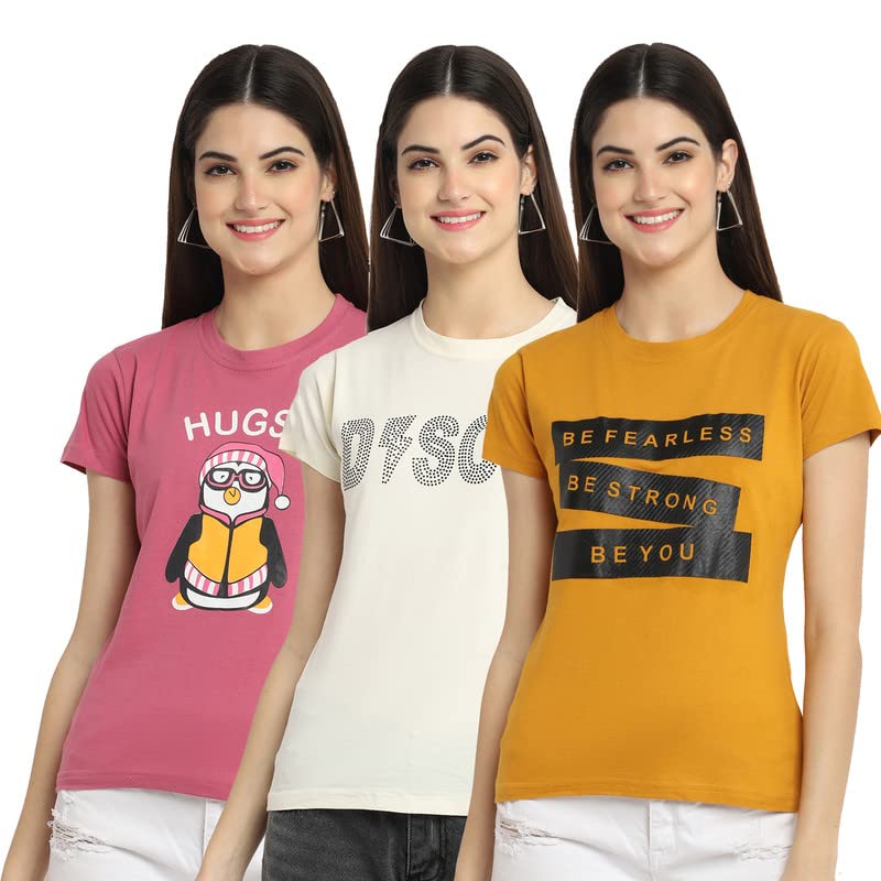 Preneum Womens Cotton Regular Fit Latest Graphic Stylish Printed Short Sleeves Casual T-Shirt || Latest Trendy & Styles (Pack 3