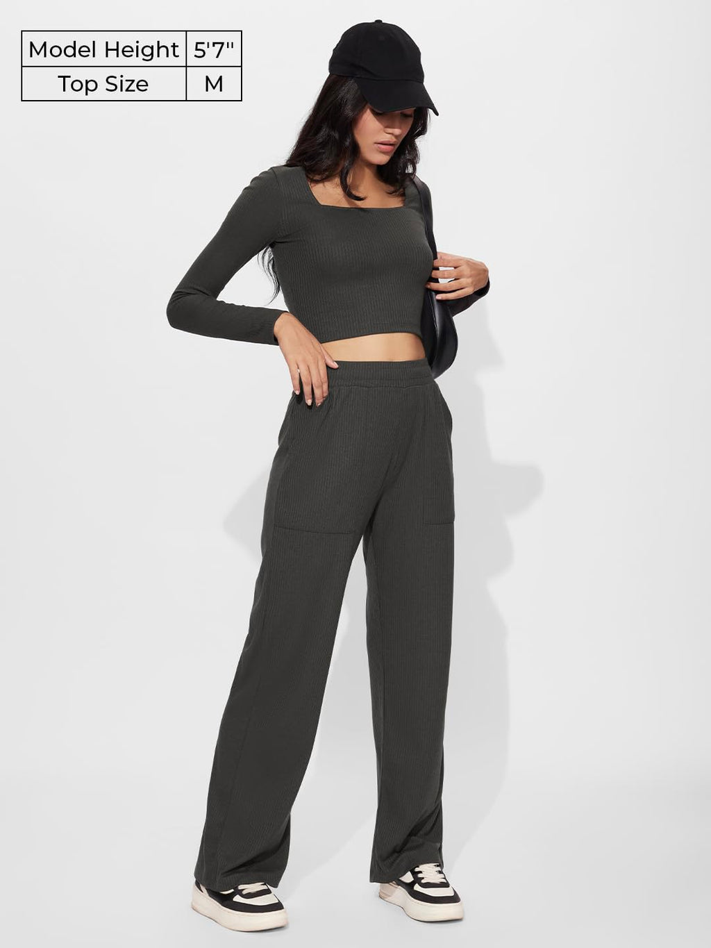 The Souled Store Solids: Charcoal Women and Girls Square Neck Regular Fit Polyester Blend Full Sleeves Tops