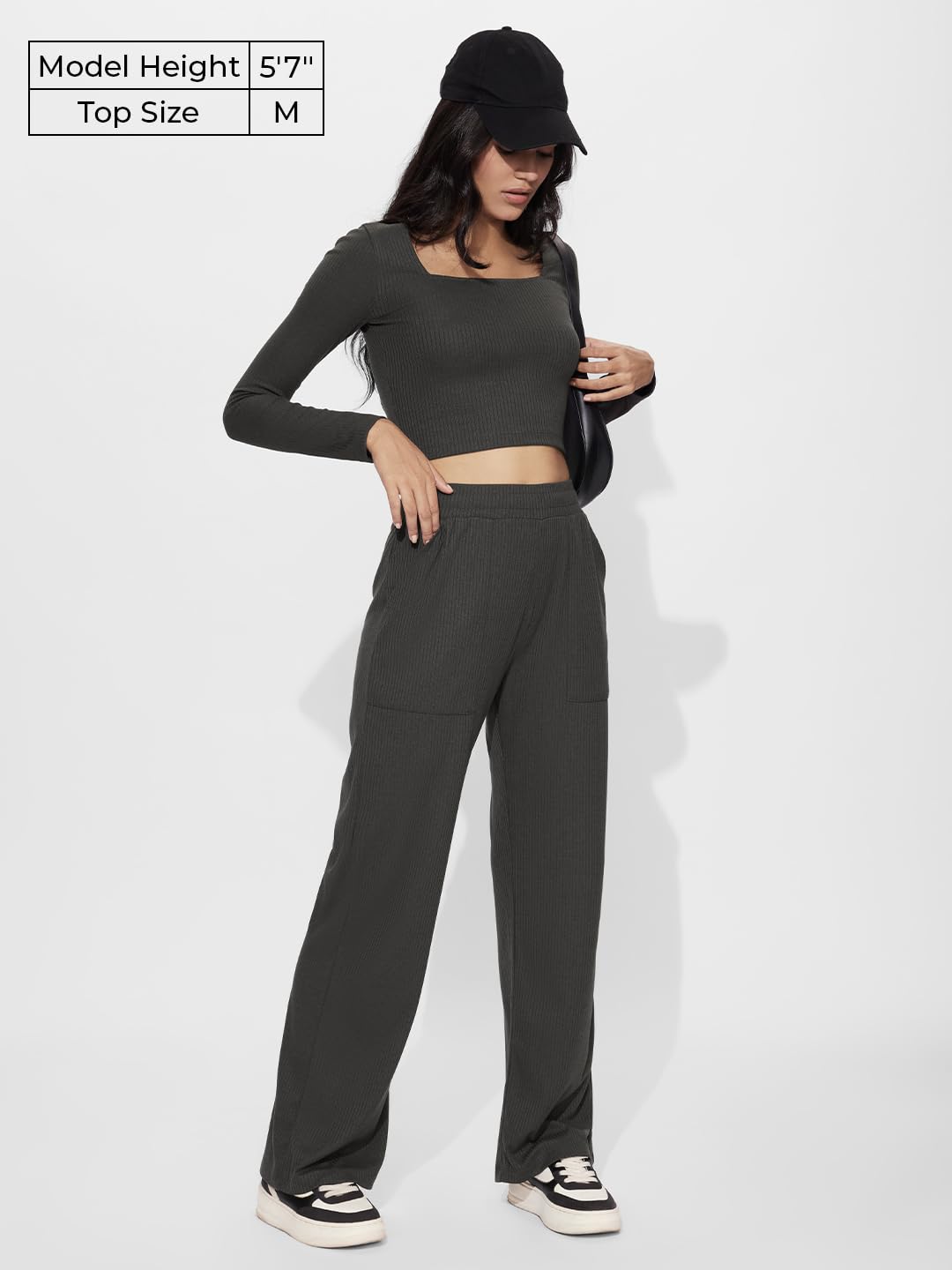 The Souled Store Solids: Charcoal Women and Girls Square Neck Regular Fit Polyester Blend Full Sleeves Tops
