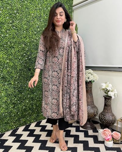 ANNI DESIGNER Womens Rayon Blend Straight Printed Kurta with Pant & Dupatta (VAARAHI Black_M_Black_Medium)